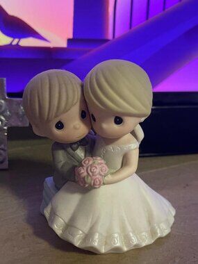 Bride & Groom Wedding Ceramic Figurine with Pink Bouquet